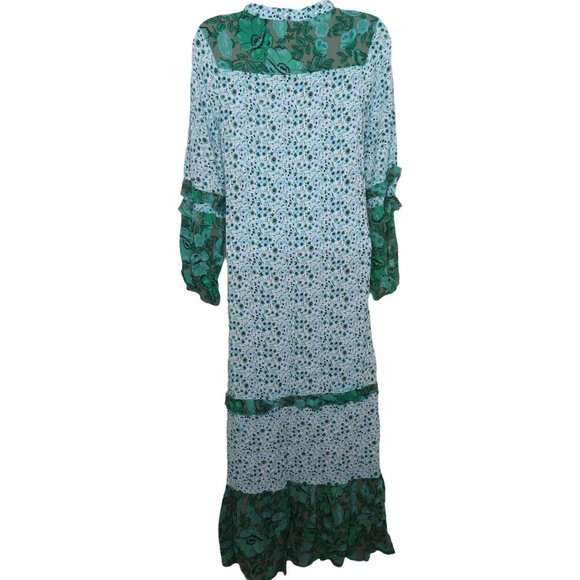 R. Vivimos Maxi Dress S Green Floral Ruffles Long Sleeve Peasant Prairie Cottage - Picture 8 of 9